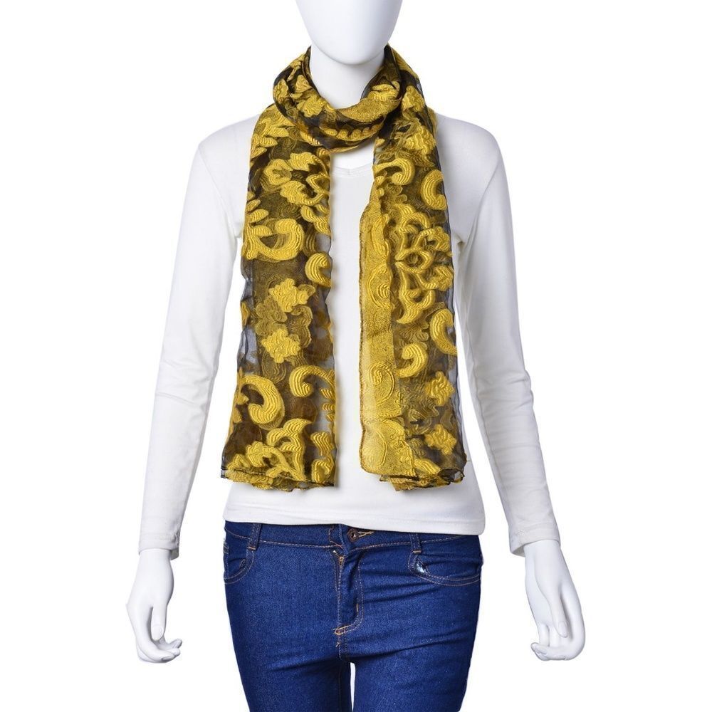 Scarf Embroidered Pattern Polyester Yellow - Picture 5 of 5